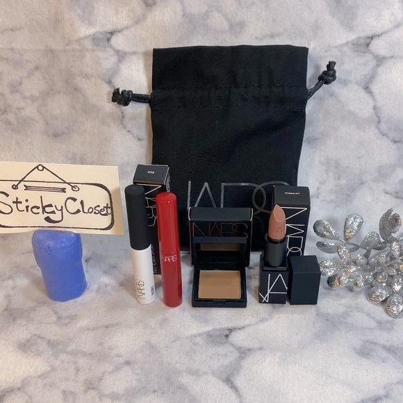 Nars Beauty Gift Set 5pc, Bronzing, Lipstick, Eyeshadow Base, Mascara, Gold Bag